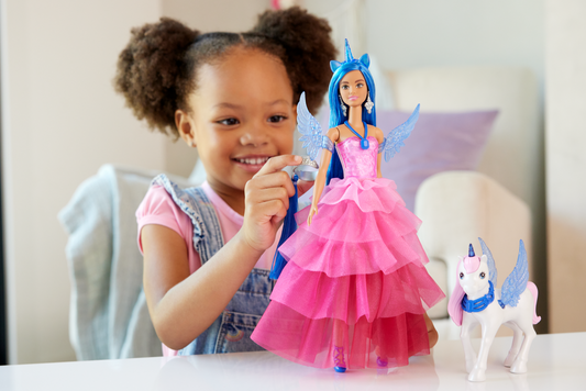 Barbie  65Anniversaire  Poupée et Animal  Licorne Ailée, Ch. Bleus